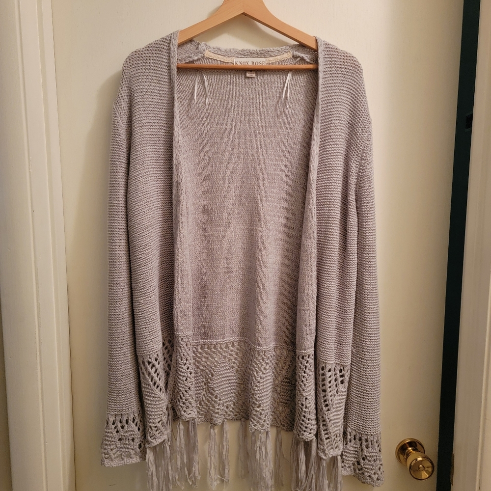 Knox Rose Gray Oversize Open Front Knit Bell-Sleeved Sweater w/Fringe Sz M